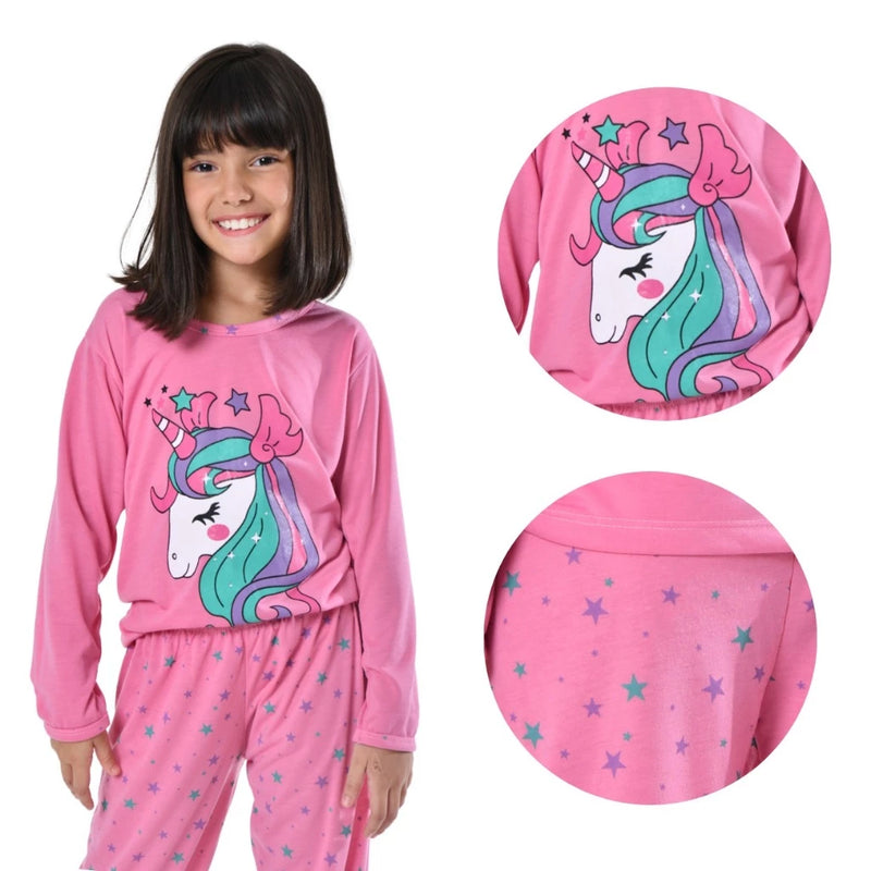 Pijama Infantil Menina Estampado Longo de Frio Roupa de Dormir Feminino Inverno